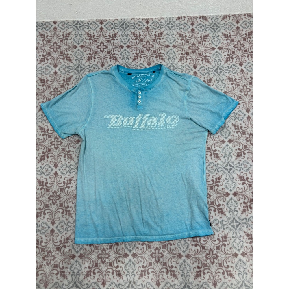 Buffalo David Bitton Mens Blue Mineral Wash Graphic Henley T-Shirt Large